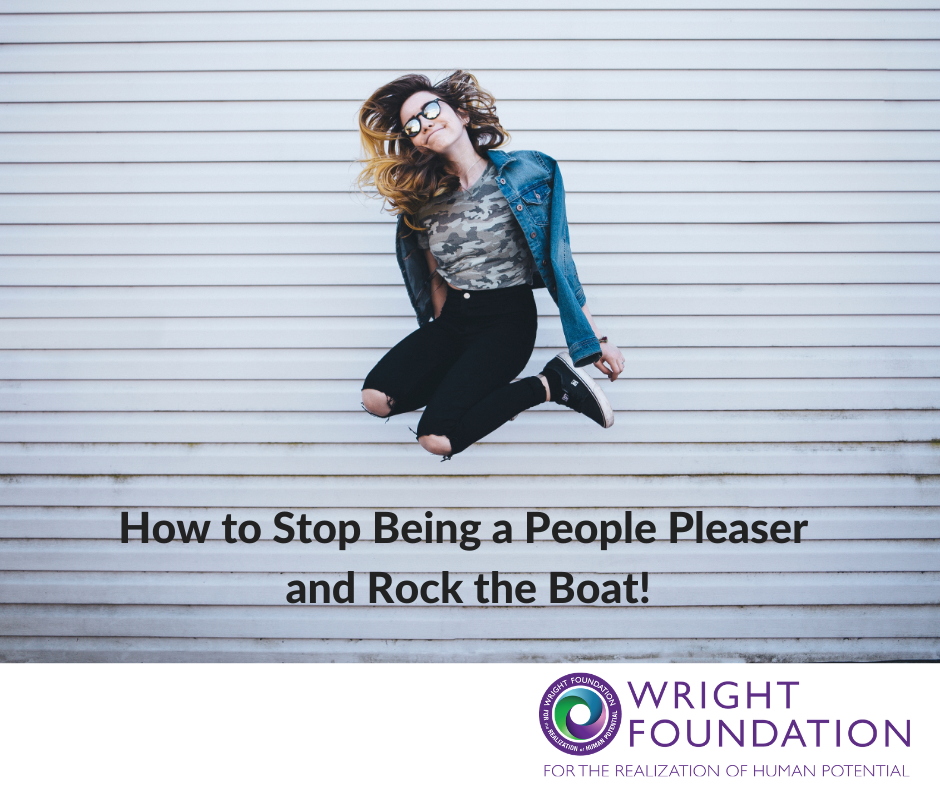 A young woman in ripped jeans jumps for joy. How to Stop Being a People Pleaser and Rock the Boat!